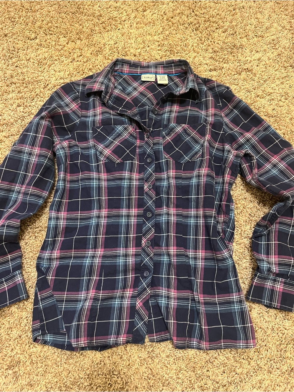 L.L. Bean Navy Plaid Button-Down Shirt with Pink and Light Blue Stripes